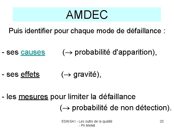 AMDEC Puis identifier pour chaque mode de défaillance : - ses causes ( probabilité