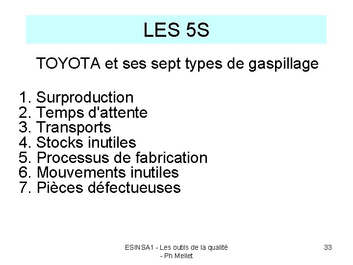 LES 5 S TOYOTA et ses sept types de gaspillage 1. Surproduction 2. Temps
