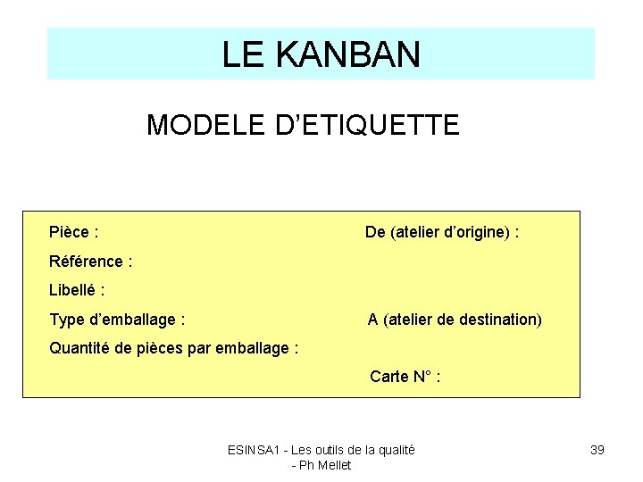 LE KANBAN MODELE D’ETIQUETTE Pièce : De (atelier d’origine) : Référence : Libellé :