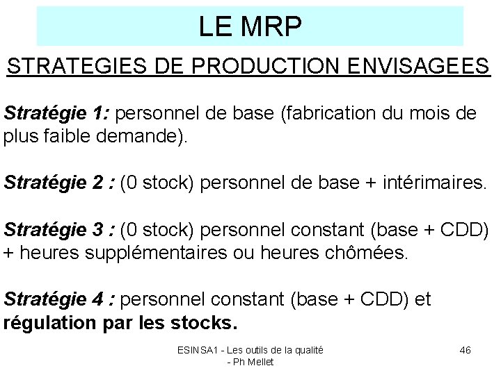 LE MRP STRATEGIES DE PRODUCTION ENVISAGEES Stratégie 1: personnel de base (fabrication du mois