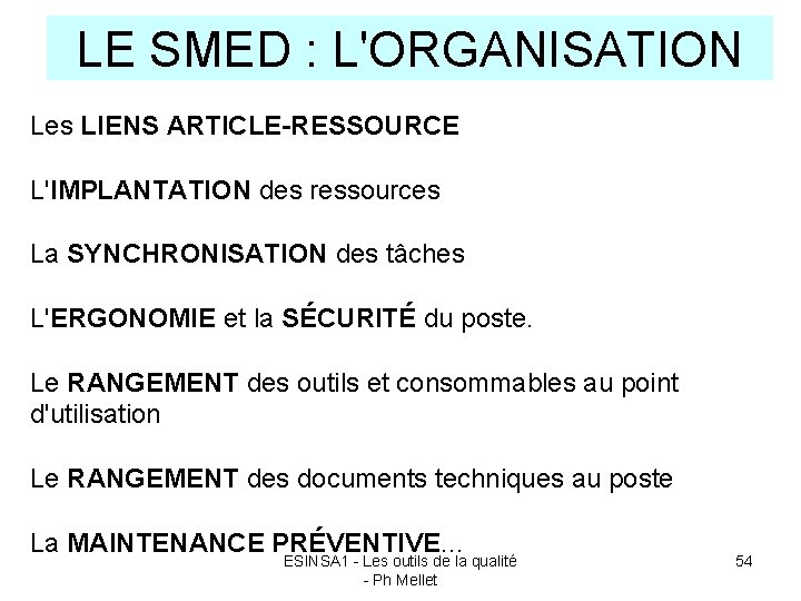 LE SMED : L'ORGANISATION Les LIENS ARTICLE-RESSOURCE L'IMPLANTATION des ressources La SYNCHRONISATION des tâches