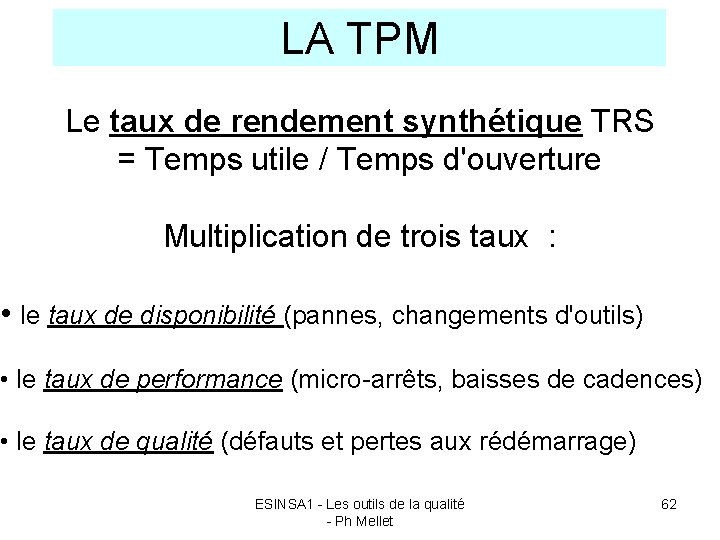 LA TPM Le taux de rendement synthétique TRS = Temps utile / Temps d'ouverture
