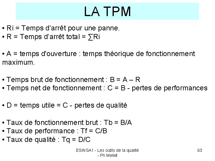 LA TPM • Ri = Temps d’arrêt pour une panne. • R = Temps