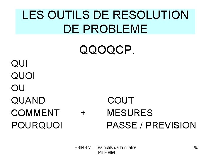 LES OUTILS DE RESOLUTION DE PROBLEME QQOQCP. QUI QUOI OU QUAND COUT COMMENT +