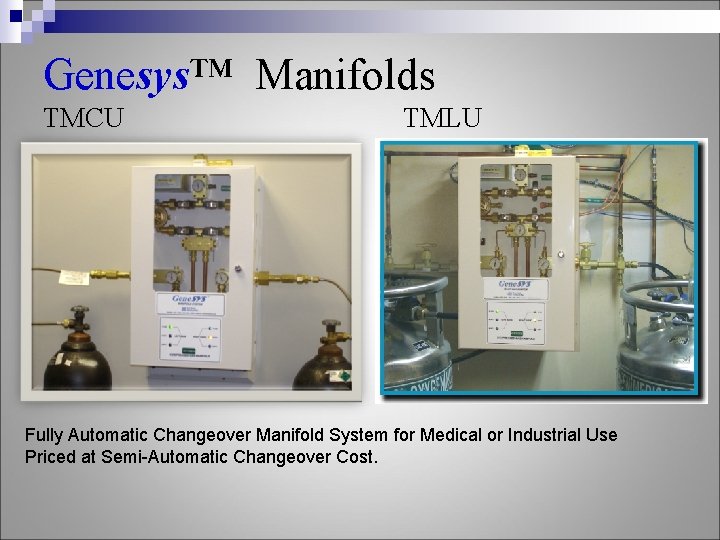 Genesys™ Manifolds TMCU TMLU Fully Automatic Changeover Manifold System for Medical or Industrial Use