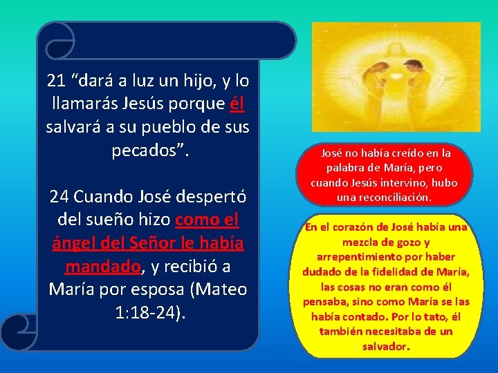 21 “dará a luz un hijo, y lo llamarás Jesús porque él salvará a 21 “dará a luz un hijo, y lo llamarás Jesús porque él salvará a