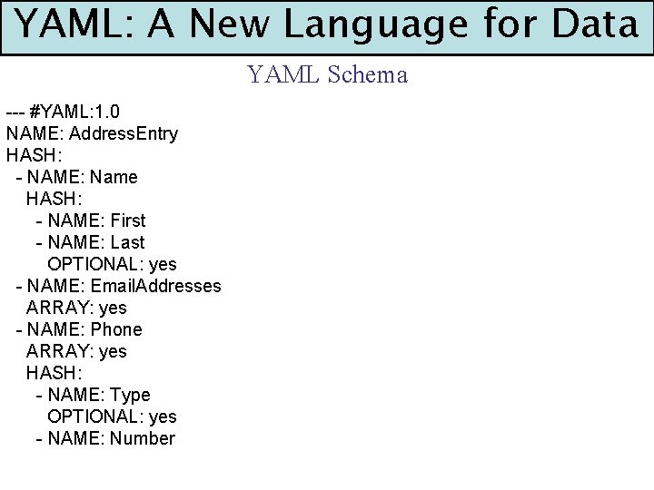 YAML: A New Language for Data YAML Schema --- #YAML: 1. 0 NAME: Address.