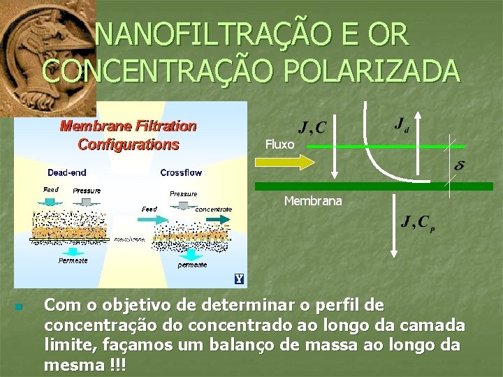 NANOFILTRAÇÃO E OR CONCENTRAÇÃO POLARIZADA Fluxo Membrana n Com o objetivo de determinar o