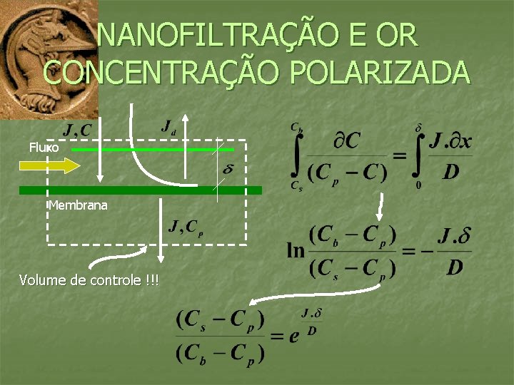 NANOFILTRAÇÃO E OR CONCENTRAÇÃO POLARIZADA Fluxo Membrana Volume de controle !!! 