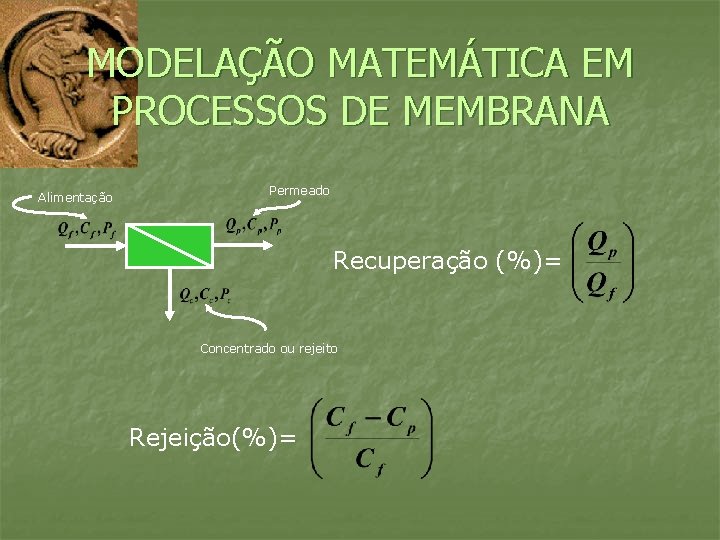 MODELAÇÃO MATEMÁTICA EM PROCESSOS DE MEMBRANA Alimentação Permeado Recuperação (%)= Concentrado ou rejeito Rejeição(%)=