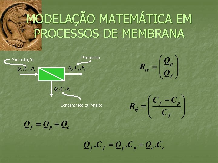 MODELAÇÃO MATEMÁTICA EM PROCESSOS DE MEMBRANA Alimentação Permeado Concentrado ou rejeito 