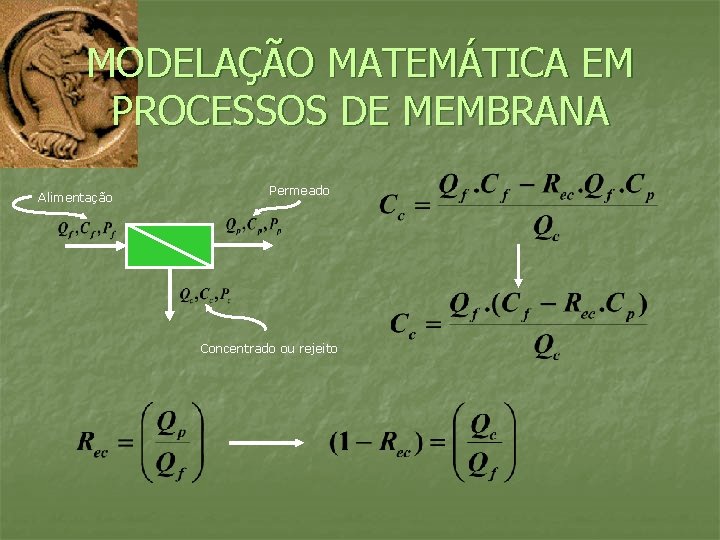 MODELAÇÃO MATEMÁTICA EM PROCESSOS DE MEMBRANA Alimentação Permeado Concentrado ou rejeito 