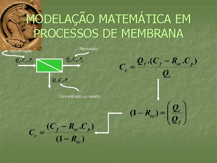 MODELAÇÃO MATEMÁTICA EM PROCESSOS DE MEMBRANA Alimentação Permeado Concentrado ou rejeito 