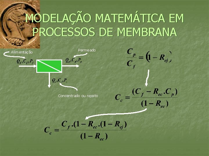 MODELAÇÃO MATEMÁTICA EM PROCESSOS DE MEMBRANA Alimentação Permeado Concentrado ou rejeito 