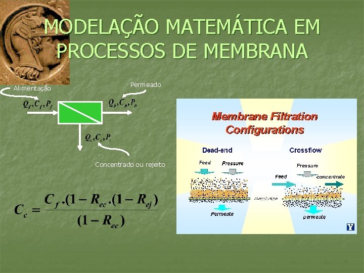 MODELAÇÃO MATEMÁTICA EM PROCESSOS DE MEMBRANA Alimentação Permeado Concentrado ou rejeito 