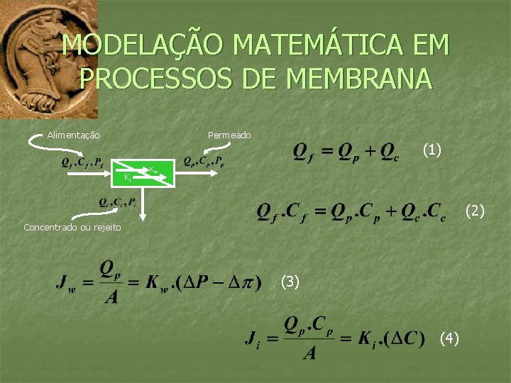MODELAÇÃO MATEMÁTICA EM PROCESSOS DE MEMBRANA Alimentação Permeado (1) Ki Kw (2) Concentrado ou