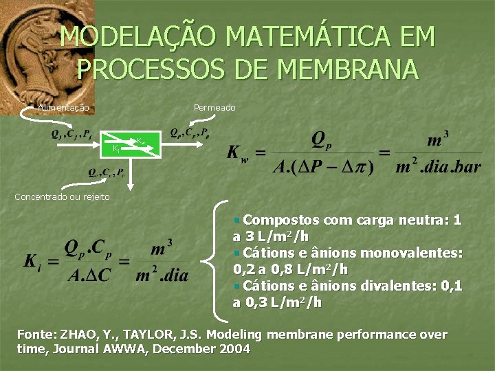 MODELAÇÃO MATEMÁTICA EM PROCESSOS DE MEMBRANA Alimentação Permeado Ki Kw Concentrado ou rejeito §