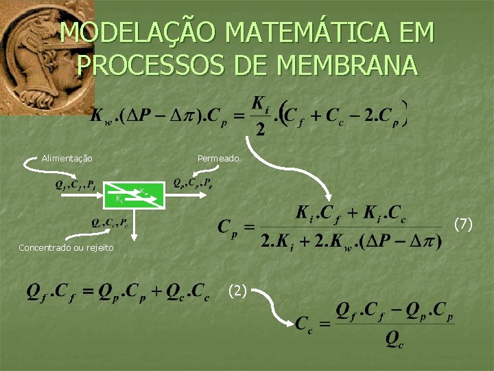 MODELAÇÃO MATEMÁTICA EM PROCESSOS DE MEMBRANA Alimentação Permeado Ki Kw (7) Concentrado ou rejeito