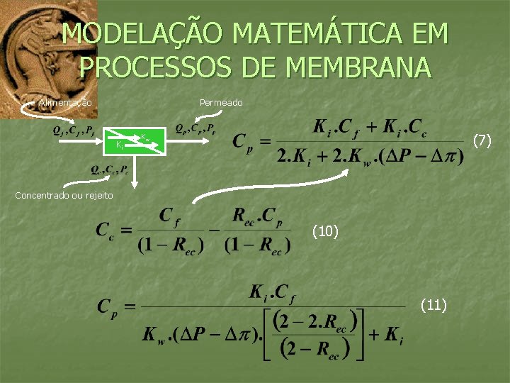 MODELAÇÃO MATEMÁTICA EM PROCESSOS DE MEMBRANA Alimentação Permeado Ki (7) Kw Concentrado ou rejeito