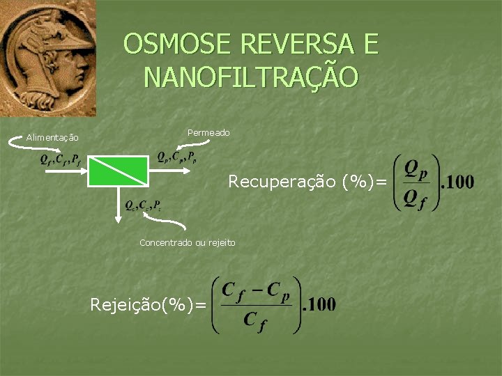 OSMOSE REVERSA E NANOFILTRAÇÃO Alimentação Permeado Recuperação (%)= Concentrado ou rejeito Rejeição(%)= 