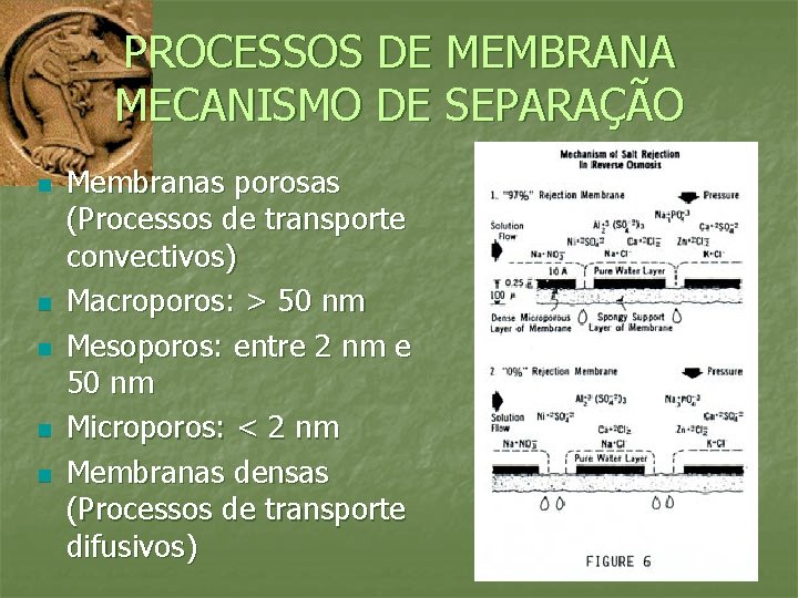 PROCESSOS DE MEMBRANA MECANISMO DE SEPARAÇÃO n n n Membranas porosas (Processos de transporte