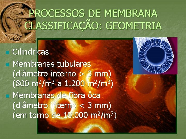 PROCESSOS DE MEMBRANA CLASSIFICAÇÃO: GEOMETRIA n n n Cilindricas Membranas tubulares (diâmetro interno >