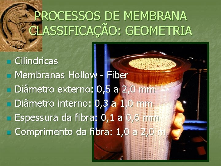 PROCESSOS DE MEMBRANA CLASSIFICAÇÃO: GEOMETRIA n n n Cilindricas Membranas Hollow - Fiber Diâmetro