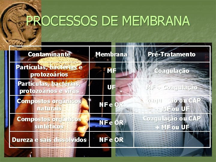 PROCESSOS DE MEMBRANA Contaminante Membrana Pré-Tratamento Partículas, bactérias e protozoários MF Coagulação Partículas, bactérias,