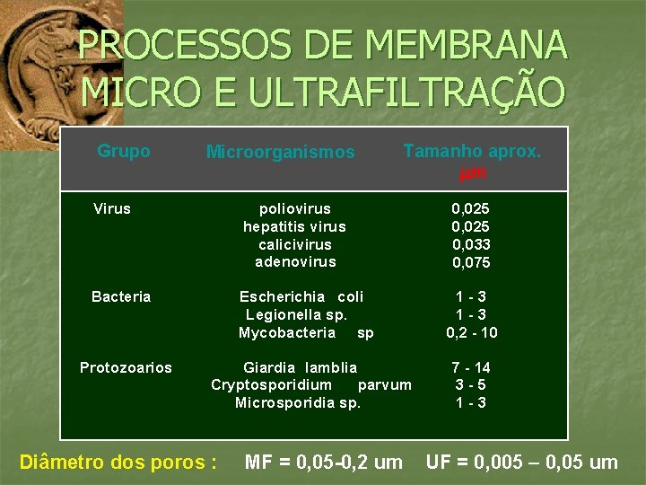 PROCESSOS DE MEMBRANA MICRO E ULTRAFILTRAÇÃO Grupo Microorganismos Virus poliovirus hepatitis virus calicivirus adenovirus