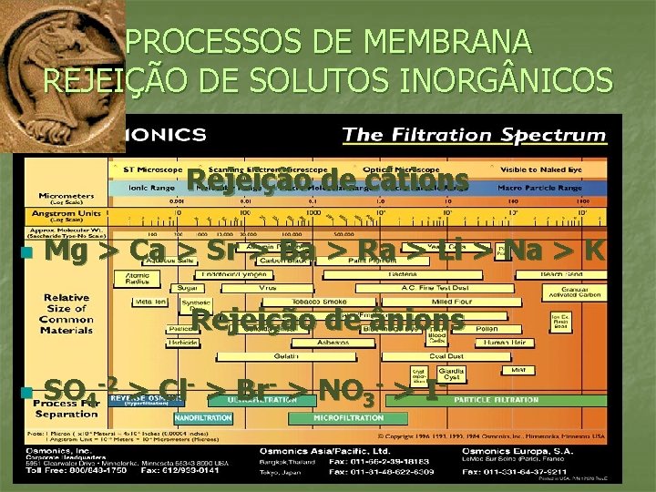 PROCESSOS DE MEMBRANA REJEIÇÃO DE SOLUTOS INORG NICOS Rejeição de cátions n Mg >