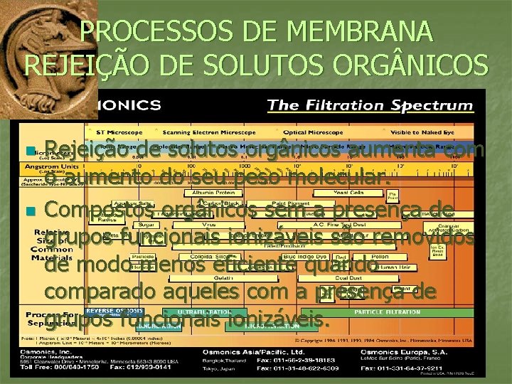 PROCESSOS DE MEMBRANA REJEIÇÃO DE SOLUTOS ORG NICOS n n Rejeição de solutos orgânicos