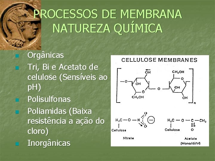 PROCESSOS DE MEMBRANA NATUREZA QUÍMICA n n n Orgânicas Tri, Bi e Acetato de