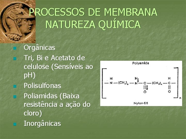 PROCESSOS DE MEMBRANA NATUREZA QUÍMICA n n n Orgânicas Tri, Bi e Acetato de