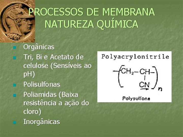 PROCESSOS DE MEMBRANA NATUREZA QUÍMICA n n n Orgânicas Tri, Bi e Acetato de