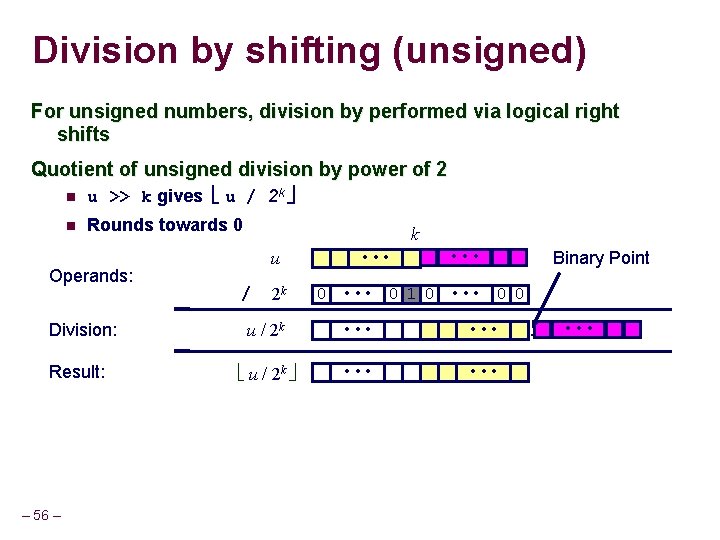 Division by shifting (unsigned) For unsigned numbers, division by performed via logical right shifts