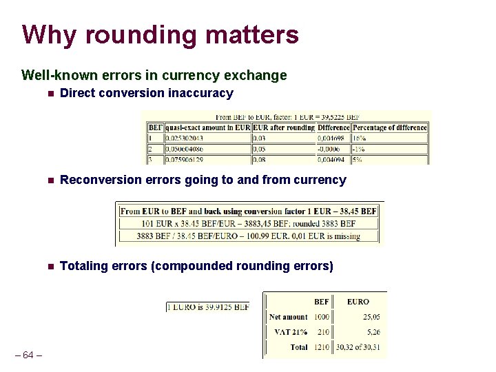 Why rounding matters Well-known errors in currency exchange – 64 – Direct conversion inaccuracy