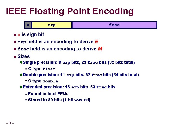 IEEE Floating Point Encoding s exp s is sign bit exp field is an