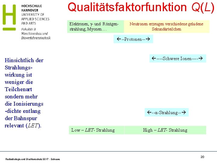 Qualitätsfaktorfunktion Q(L) Elektronen, - und Röntgenstrahlung, Myonen…. Neutronen erzeugen verschiedene geladene Sekundärteilchen --Protonen-- Hinsichtlich