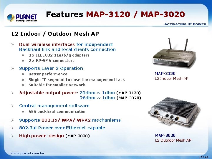 Features MAP-3120 / MAP-3020 L 2 Indoor / Outdoor Mesh AP Ø Ø Dual