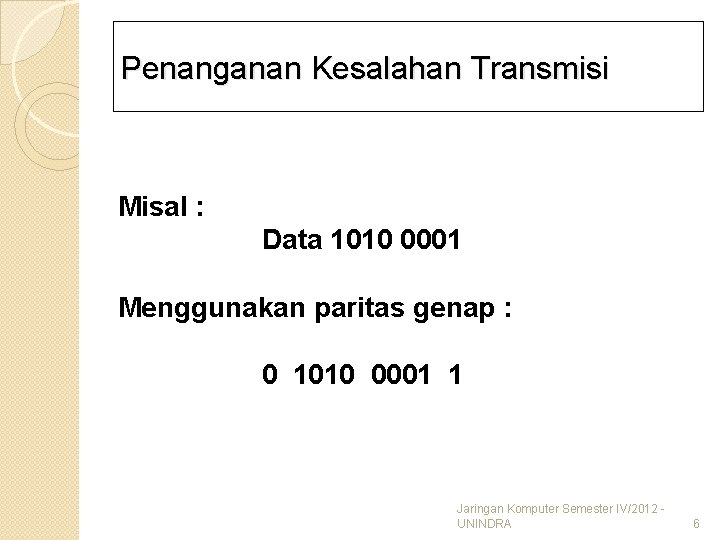 Penanganan Kesalahan Transmisi Misal : Data 1010 0001 Menggunakan paritas genap : 0 1010