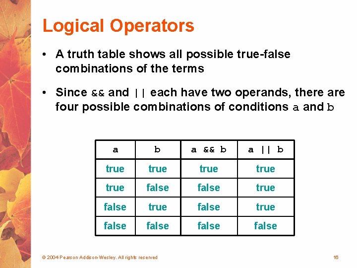 Logical Operators • A truth table shows all possible true-false combinations of the terms