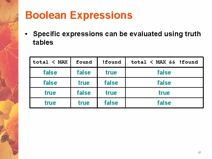 Boolean Expressions • Specific expressions can be evaluated using truth tables total < MAX