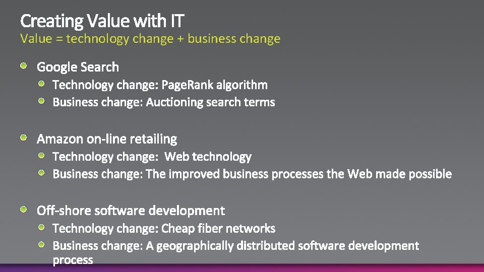 Value = technology change + business change 