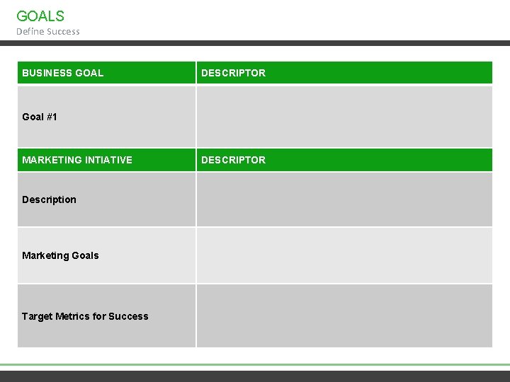 GOALS Define Success BUSINESS GOAL DESCRIPTOR Goal #1 MARKETING INTIATIVE Description Marketing Goals Target