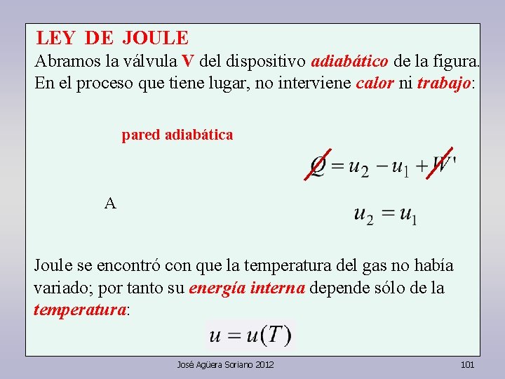 LEY DE JOULE Abramos la válvula V del dispositivo adiabático de la figura. En