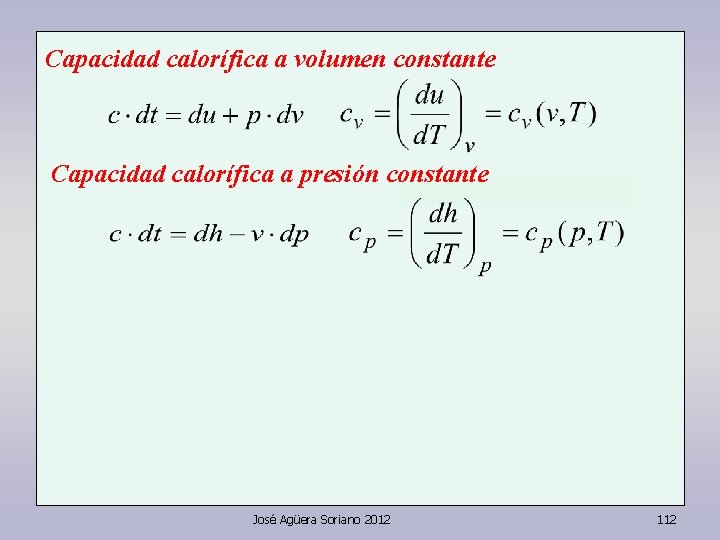 Capacidad calorífica a volumen constante Capacidad calorífica a presión constante José Agüera Soriano 2012