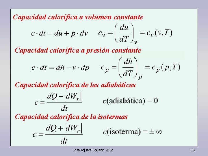 Capacidad calorífica a volumen constante Capacidad calorífica a presión constante Capacidad calorífica de las