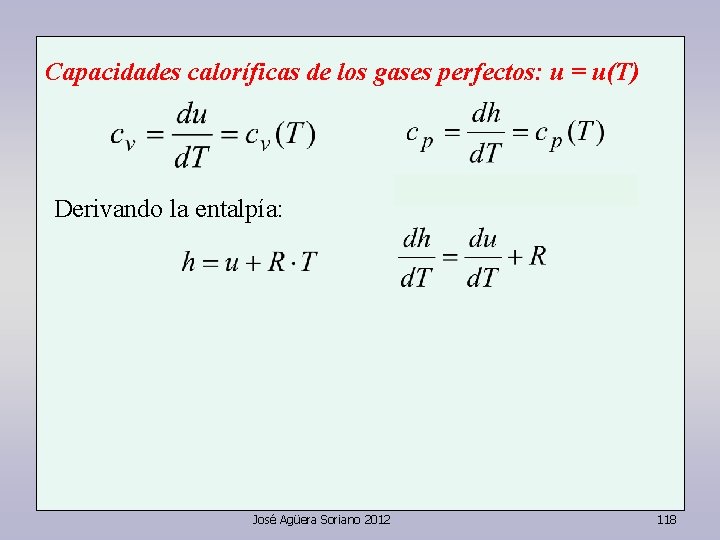 Capacidades caloríficas de los gases perfectos: u = u(T) Derivando la entalpía: José Agüera