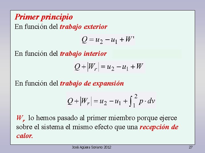 Primer principio En función del trabajo exterior En función del trabajo interior En función