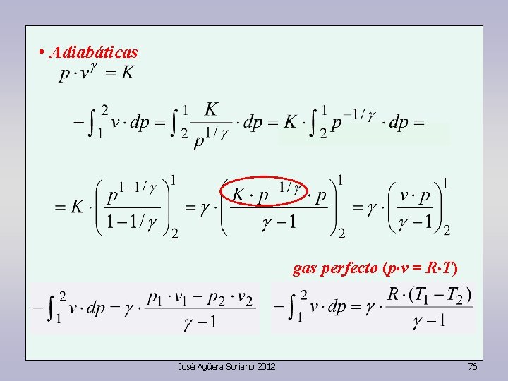  • Adiabáticas gas perfecto (p v = R T) José Agüera Soriano 2012